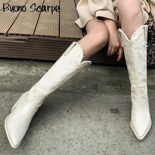 Women Cowgirl Knee High Boots Genuine Leather Western Cowboy Botas Mujer Embroider Retro White Black Shoes Chunky Heel Boots New