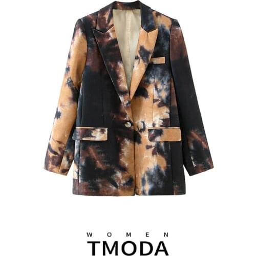 TMODA381 Women Ink Graffiti Oversized Blazer One Button Office Ladies Jacket Long Sleeve Formal Coat Fall Fashion Outerwear