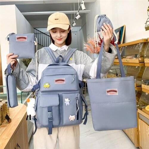 4 Pcs Set Harajuku Women Laptop Backpack Canvas School Bags For Teenage Girls Kawaii College Student Kids Book Bag Rucksack 2021