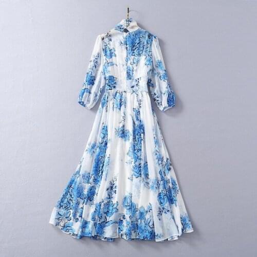 Fashion Blue Runway 2021 Spring Summer Bow Collar Porcelain Print Long Beach Elegant Chiffon Dress