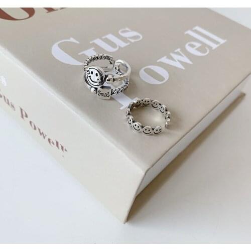 Smiley face smile chain ring female index finger tail ring s925 sterling silver open adjustable ring women rings silver jewelry