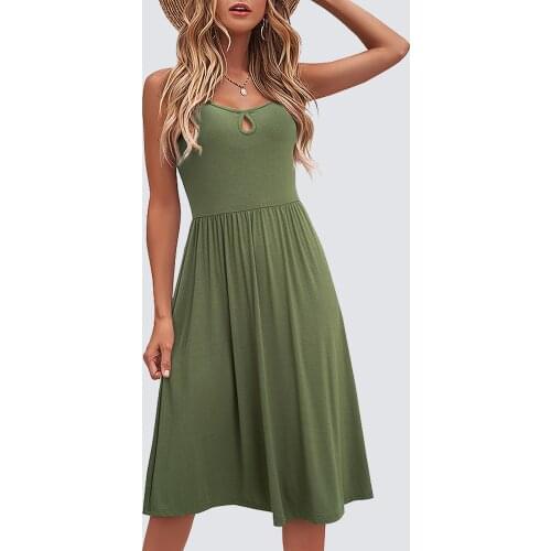 Women Casual Summer Beach Solid Color Hollow Front Spaghetti Strap Swing A Line Midi Dress HA260