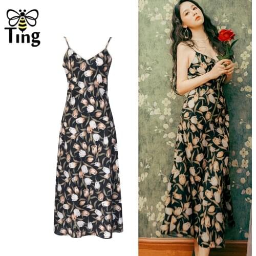 Tingfly Vouge New Tulip Flower Floral Summer Party Dresses Vintage Elegant Spaghetti Strap Long Casual Dress Haut Femme Vestiti