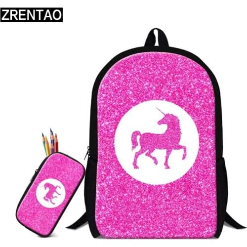 ZRENTAO girls unicorn backpack 2 PCS\set mochilas with pencil case double zipper bags rugzak polyster book bags travel bag