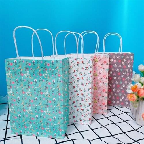 10pcs Retro Floral Paper Bag Storage Desktop Organizing Stationery Student Gift Packaging For Takeout Clothes Baking 21*15*8cm