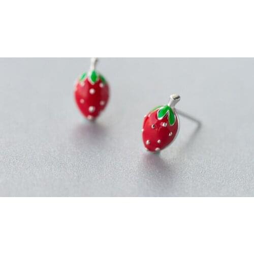 Womens Cute 100% Real. 925 Sterling Silver Fine Jewelry Red&Green strawberry Stud Earrings Fruit gtle2119