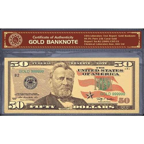 American 24k Colorful Gold Banknote Rare US Fake Money 50 Dollar Currency Bill Note Festival Souvenir Gifts Value Collection
