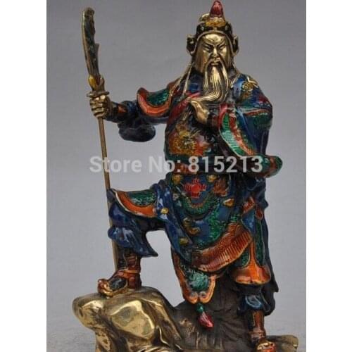 Bi0011667 9" Chinese Bronze Cloisonne Feng Shui Guan Gong GuanYu Hold Dragon Sword Statue