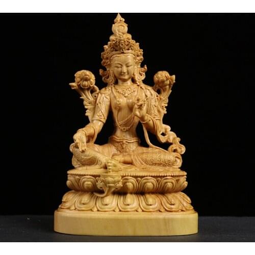 Boxwood 12cm Bodhisattva Tara Green Sculpture Tibetan Buddha Wood Statue Worships Home Decor
