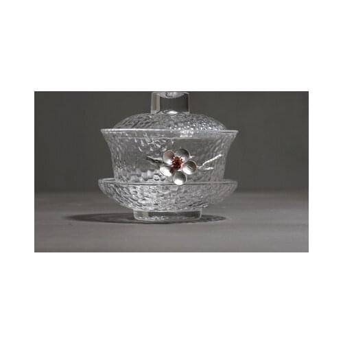 Glass Cover Bowl Household Simple Thick Heat Resistant Inlaid Tin Kung Fu Black Tea Pu'er Oong Tea Tureen Teaware Free Shipping