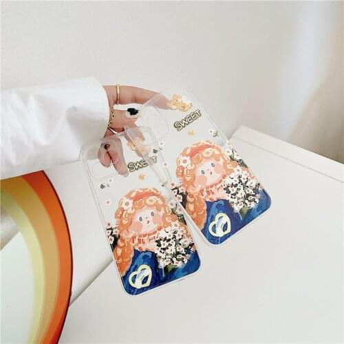 JAMULAR Cartoon Girl Flower Phone Case For iPhone 12 Pro MAX 11 XS 7 XR X SE20 8 Plus Bear Print Clear Soft Cover Clear Fundas