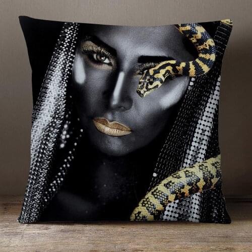 African Black Woman Girl Elegant Cushion Covers Portrait Painting Pillow Case Beige Linen White Polyetser Sofa Decoration