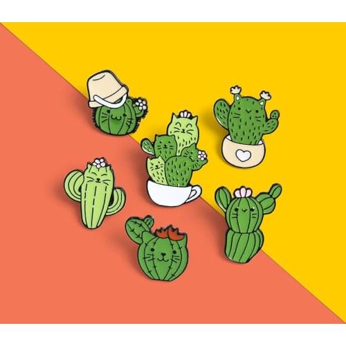 Custom Green plant eye protection Cactus Cat Enamel Pin Brooches Shirt Lapel Bag Funny Animal Plant Badge Jewelry Gifts for Kids