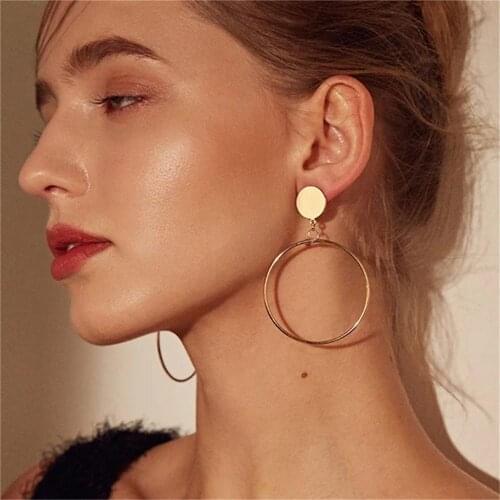 Korean Womens Long Earring Gold Color Stainless Steel Circle Charm Pendent Stud Earrings For Women Jewelry 2020