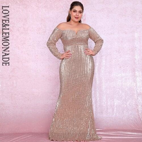 LOVE&LEMONADE Plus Size Sexy Rose Gold Deep V-Neck Off-The-Shoulder Bodycon Elastic Sequins Maxi Dress LM80273PLUS