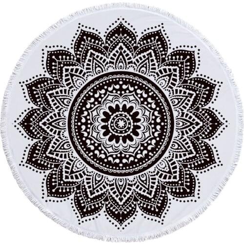 Mylb Indian Round Beach Towel Boho Tassel Mandala Lotus Tapestry Yoga Mat Toalla Floral Black and White Blanket 150cm