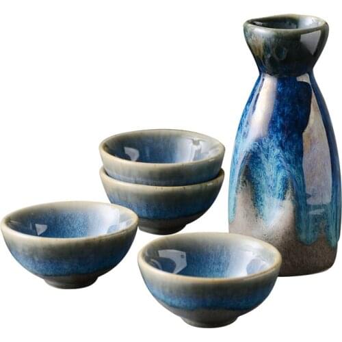 5Pcs Retro Japanese Sake Set Ceramic Flagon Liquor Cup 1 Pot 4 Cups Home Bar Sake White Wine Pot Creative Drinkware Gifts ZM1027