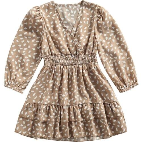 2-7Years Kids Girls Toddler Smocked Dress Baby Casual Print Long Sleeve V-neck Sundress Children Toddler Infant Spring Autumn