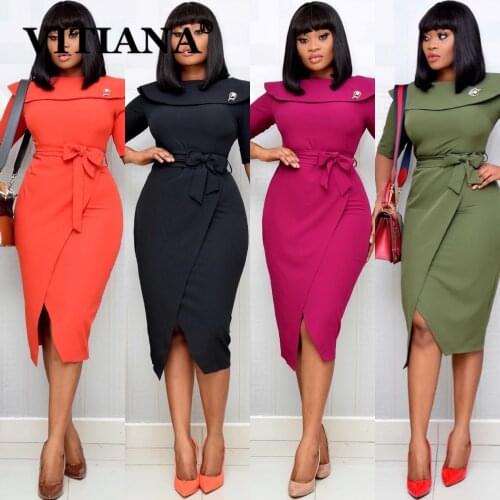 VITIANA Women Office Lady Dress Summer 2021 Female Short Sleeve Sexy Black Dresses Femme Office Work Vestidos With Belt