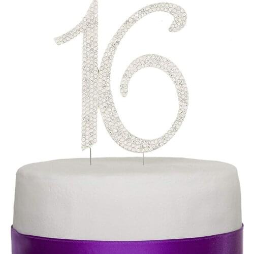 Celebration 16 Cake Topper 16th Birthday Sweet 16 Party Supplies Decoration Ideas Silver Rhinestone Number