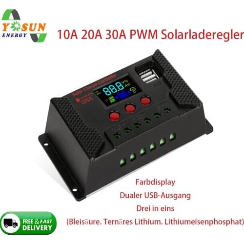 PWM Solar Charge Controller 10A/20A/30A Solar Charger Usb Output 12/24V Auto Color Display 3 IN 1 For Different Battery Charging