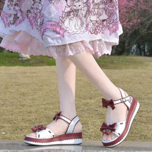 School Girl Sweet Lolita Strawberry Bows Wedge Sandals Comfy Summer Sandals