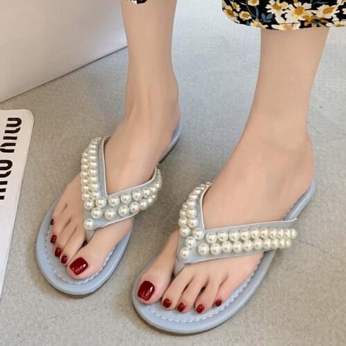 Rimocy Summer Fashion Pearl Beach Slippers Flip Flops for Women 2021 New Clip Toe Soft Bottom Woman Shoes Outdoor Sandals Female