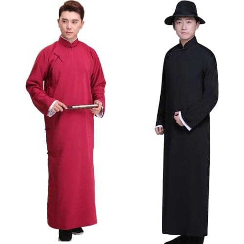 Polyester Chinese Traditional Tang Suit Long Gown for Man Full Sleeve Kung Fu Men Long Robe Wedding Bridegroom Stage Performance