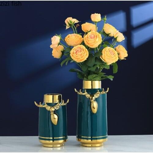 Living Room Phnom Penh Green Ceramic Vase Desktop Hydroponic Vase Deer Ornaments Artificial Flower Flower Arrangement Decoration