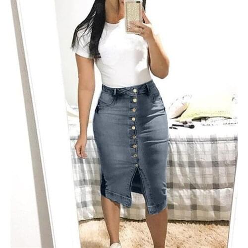 Casual Women Denim Pencil Skirt Front Button Pocket Split Knee-Length Denim Skirts Slim Fitting Hip Summer Skirt Jupe Plus Size
