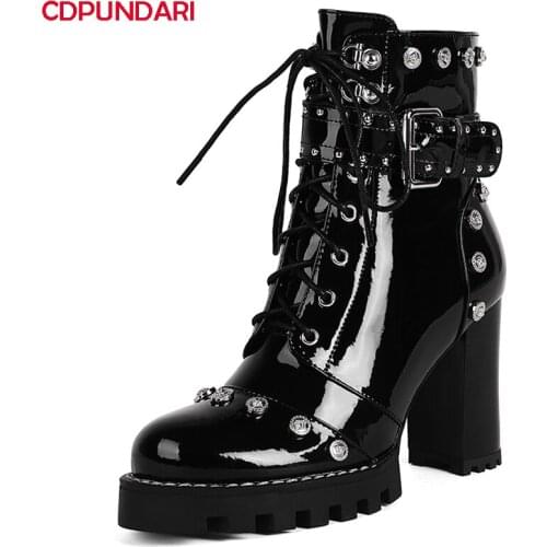 Ladies Black Genuine Leather Super High Heels Platform Ankle Boots Women Autumn Winter Rivet Punk Modern Short Boots Shoes