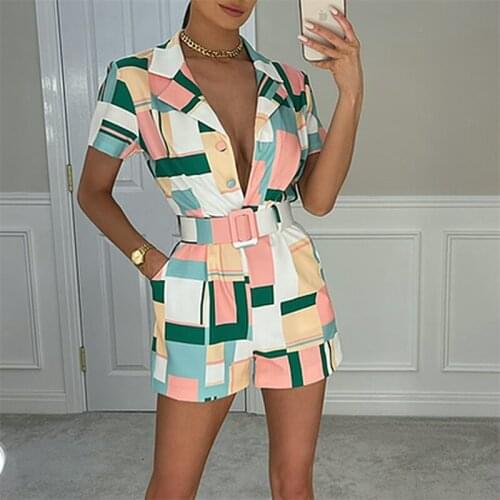 Thorn Tree Women Elegant Turn-Down Collar Pocket Playsuits Fashion Short Sleeve Print Jumpsuits Summer Casual Shorts Romper 2021