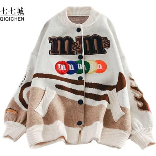 Womens Street Sweater Cardigan Harajuku Funny Cartoon Beans Embroidery Loose Knitted Sweaters Casual Hip Hop Jacket Autumn