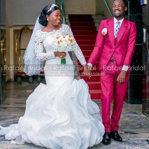 Tiered Ruffles Organza Elegant Wedding Dress Mermaid 2021 Full Sleeves Long Train Lace FIshtail Bridal Dresses For African Women