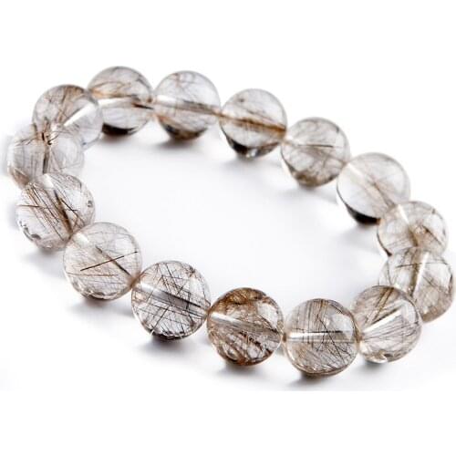 Brazil Natural Rutilated Quartz Bracelet 15mm Big Healing Crystal Round Bead Stretch Bracelet Women Men Powerful