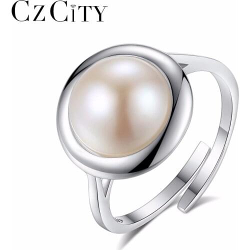 CZCITY 925 Sterling Silver Female Rings 10-10.5mm Big Freshwater White Natural Pearl Women Jewelry Ring Size Resizable Wholesale