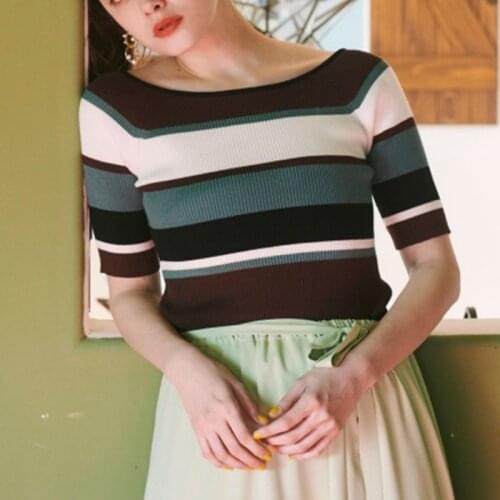 Elegant All Match Slash Neck Bow Pullovers Backless Lace Up Slim Crop Tops 2021 Summer Chic Half Sleeve Knitted Tshirt