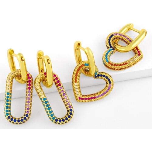 FLOLA Gold Plated Heart Earrings For Women Multicolor Oval Drop Earrings Dangle CZ Cubic Zirconia Luxury Jewelry Gifts ersw85