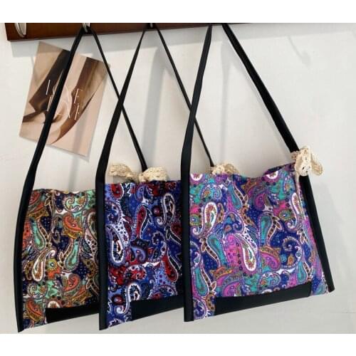 Ethnic style lace forest printed art canvas tote bag simple student one-shoulder bag women handbags