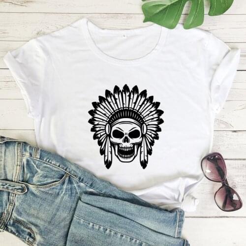 Feather Skull Indian T-shirt Creepy Halloween Gift Tshirt Camiseta Funny Women Short Sleeve Tribal Tattoo Graphic Tee Shirt Top