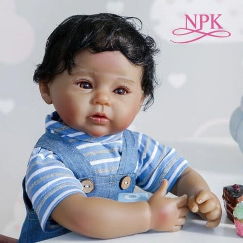NPK 50CM African American boy bebe doll reborn baby doll in dark black skin soft body lifelike realistic high quality doll