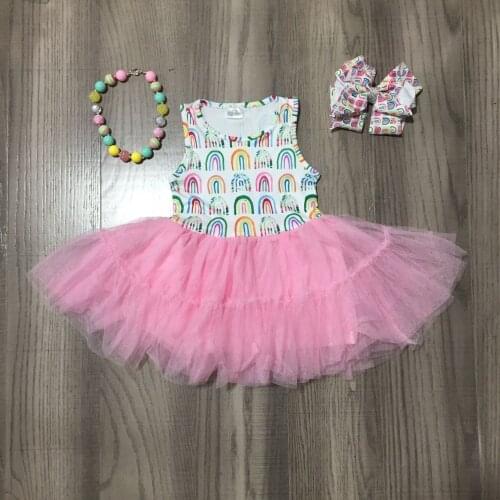 Summer Baby Girls Rainbow Print Pink Gauzy Sleeveless Dress with Bow and Necklace
