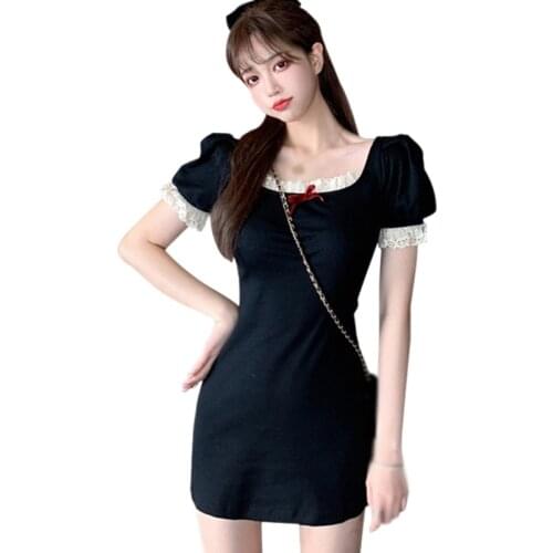 Fashion Women Summer Vintage Lace Patchwork Midi Dress Chic Bow Black Dresses Mujer Vestido De Moda
