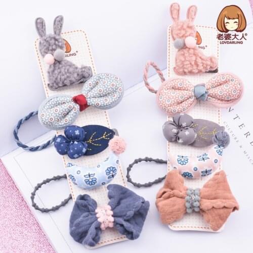 Japanese and Korean Handmade Fabric Plush Bunny Floral Small Flower Bow Moon Leaf Hairpin Set