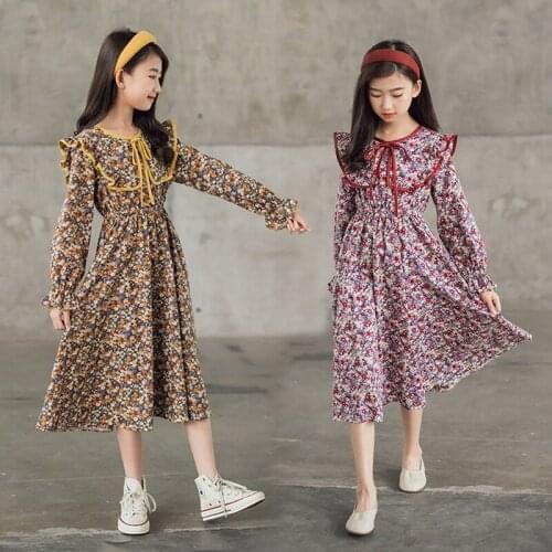 New Autumn Floral Girls Dress Teen Kids Middi Cotton Dress 2021 New Baby Children Clothes Long Sleeve Peter Pan Collar,#6431