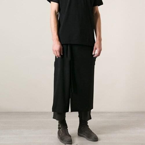 New male European and American fashion mens casual Capris fake two loose Harun youth personality straight pant