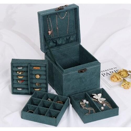 New 3-layers Jewelry Organizer Ring Necklace Makeup Holder Green Stud Cases Velvet Box With Lock For Women