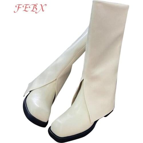 Autumn Women Boots Female Slip-On Square Toe PU Leather Mid-calf Boot Lady Solid Designed Outdoor Flats Womens Fashion Footwear