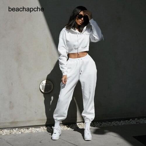 Beachapche Autumn Two Piece Set Hoodie Solid Color Short Tops And Long Pants Loose 2 Piece Set Women Fashion Sexy Sport Female