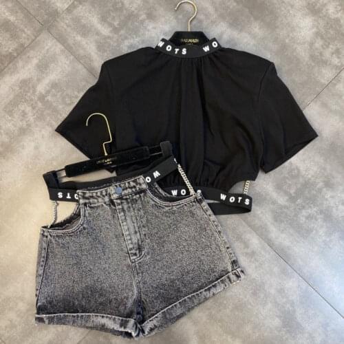 FABPOP 2021 Fashion Design Short Sleeve Stand Collar Crop Top Tshirt Denim Shorts Hollow Out Waist Two Piece Set Outfits GC041